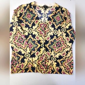 EUC Tablots Floral Design Pure Merino Wool Petite V-Neck Sweater, Size Lp